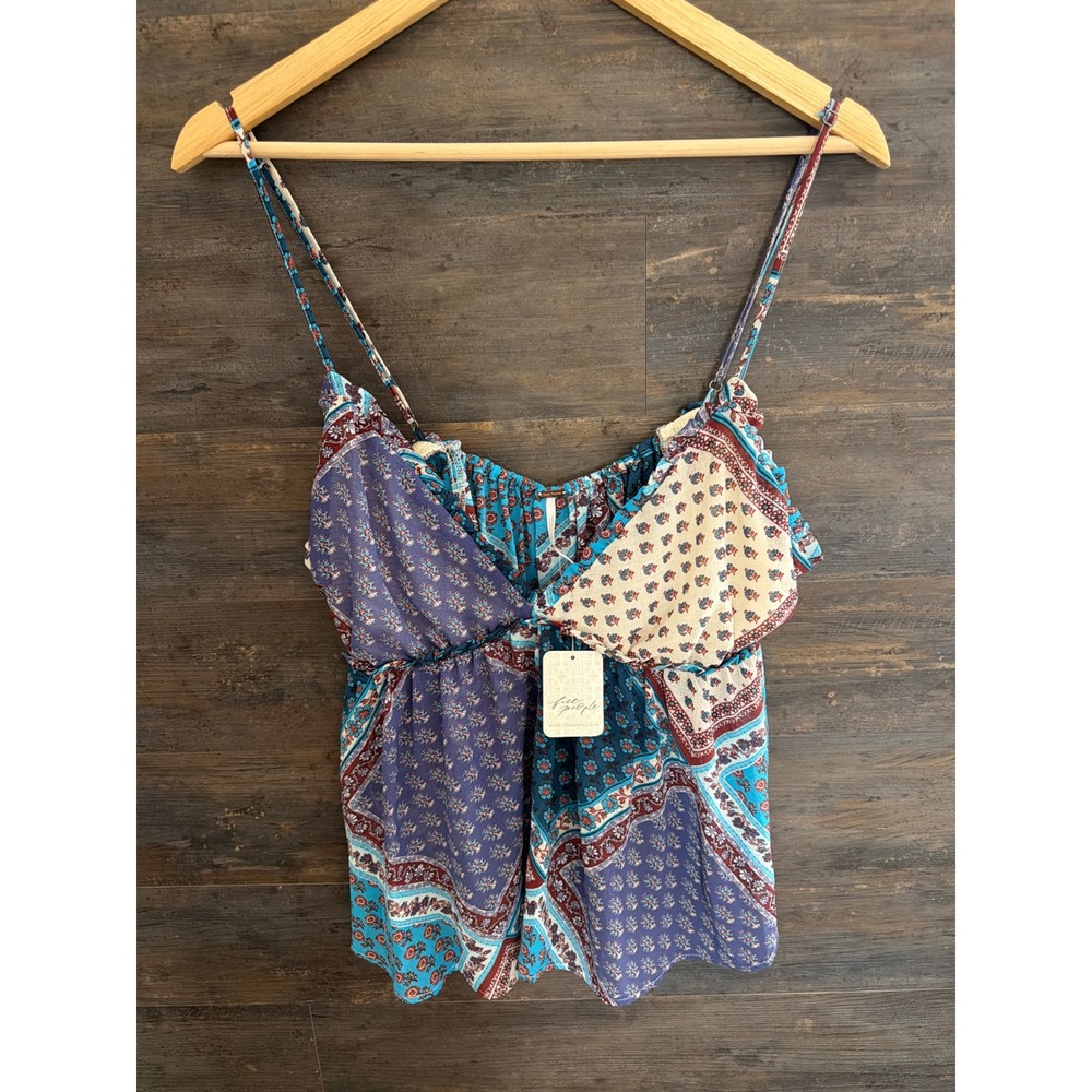 Free People Patchwork Floral Camisole Top Blue Purple Boho Ruffle Cami XL
